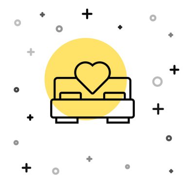 Siyah çizgi yatak odası simgesi beyaz arkaplanda izole edildi. Düğün, aşk, evlilik sembolü. Balayı koleksiyonundan yatak odası yaratıcı ikonu. Rastgele dinamik şekiller. Vektör.