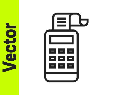 Siyah çizgi yazar kasa, beyaz arka planda izole edilmiş bir çek simgesi var. Kasiyer tabelası. Tabut sembolü. Vektör.