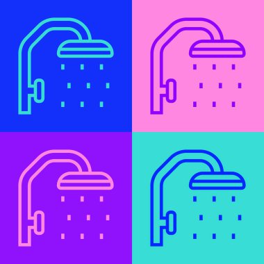 Pop sanat serisi duş başlığı ve su damlaları renkli arka planda izole edilmiş ikon akışı. Vektör.