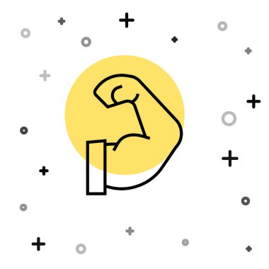 Siyah çizgi vücut geliştiricisi beyaz arka planda izole edilmiş kas simgesini gösteriyor. Formda kalmak, güçlü sağlık hobisi kavramı. Rastgele dinamik şekiller. Vektör.