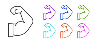 Siyah çizgi vücut geliştiricisi beyaz arka planda izole edilmiş kas simgesini gösteriyor. Formda kalmak, güçlü sağlık hobisi kavramı. Simgeleri renklendirin. Vektör.