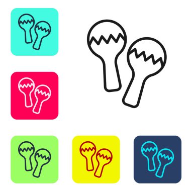 Siyah çizgi Maracas simgesi beyaz arkaplanda izole edildi. Meksika müzik enstrümanı. Renkli kare düğmelerle simgeleri ayarla. Vektör.