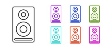 Siyah çizgi Stereo hoparlör simgesi beyaz arkaplanda izole edildi. Ses sistemi hoparlörleri. Müzik ikonu. Müzikal sütun hoparlörü. Simgeleri renklendirin. Vektör.