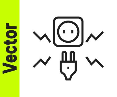 Elektrik prizine bağlanan siyah çizgi beyaz arkaplanda izole edilmiş elektrik kıvılcımı simgesi. Vektör.