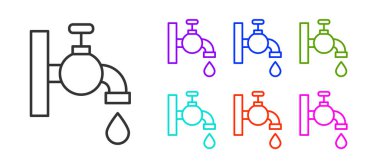 Siyah çizgi su musluğu simgesi beyaz arkaplanda izole edildi. Simgeleri renklendirin. Vektör.