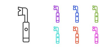 Siyah çizgi elektrikli diş fırçası simgesi beyaz arkaplanda izole edildi. Simgeleri renklendirin. Vektör.