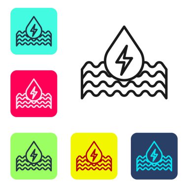Siyah çizgi su enerji ikonu beyaz arkaplanda izole edildi. Su damlacıklarıyla ekoloji kavramı. Alternatif enerji kavramı. Renkli kare düğmelerle simgeleri ayarla. Vektör.