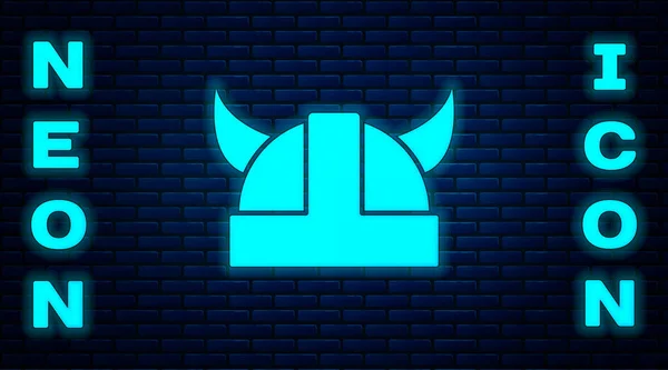 Glowing Neon Viking Horned Helmet Icon Isolated Brick Wall Background — Stock Vector