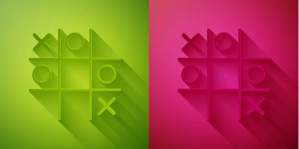 紙カット緑とピンクの背景に隔離されたチックタックつま先のゲームアイコン 紙のアートスタイル ベクトル — ストックベクタ