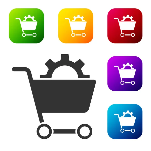 黑色购物车图标隔离在白色背景 网上购物的概念 送货服务 超级市场篮子 在彩色正方形按钮中设置图标 — 图库矢量图片