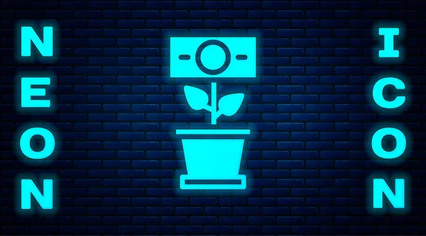 Žhnoucí Neon Peníze Rostlina Květináči Ikony Izolované Pozadí Cihlové Zdi — Stockový vektor