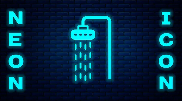Gloeiende Neon Douchekop Met Waterdruppels Stromend Pictogram Geïsoleerd Bakstenen Muur — Stockvector
