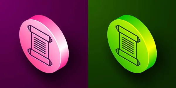 等距线条法令 羊皮纸 滚动图标 孤立在紫色和绿色背景 圆形按钮 — 图库矢量图片