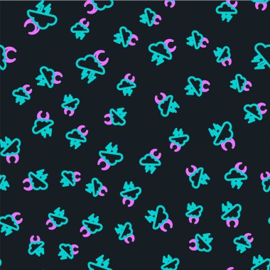 Hat Storm simgesi siyah arkaplanda kusursuz desen izole etti. Şimşek ve ay işareti olan bir bulut. Fırtınanın hava durumu ikonu. Vektör.