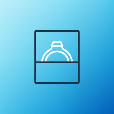 Elmas çizgisi nişan yüzüğü mavi arka planda izole edilmiş bir kutuda. Renkli taslak konsepti. Vektör.