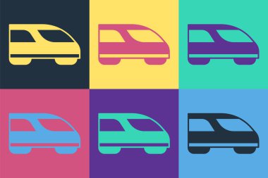 Pop Art Yüksek hızlı tren simgesi renk arkaplanında izole edildi. Demiryolu seyahati ve demiryolu turizmi. Metro ya da metro hızlı tren taşımacılığını düzene soktu. Vektör.