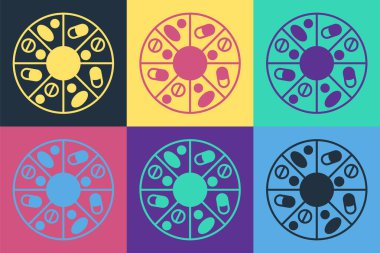 Pop Art Vitamin Kompleksi hap kapsülü ikonu renkli arka planda izole edildi. Sağlıklı bir yaşam tarzı. Vektör.