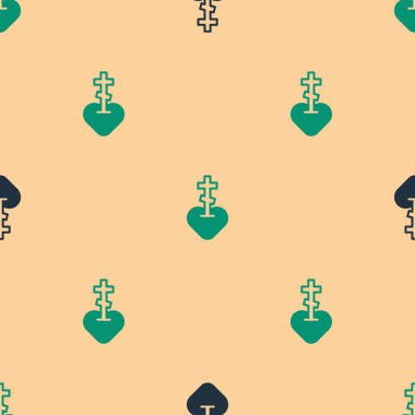 Kalbinde yeşil ve siyah dini haç var. İkonun içinde. Bej arka planda pürüzsüz desen var. Tanrı sevgisi, Katolik ve Hıristiyan sembolü. İnsanlar dua eder. Vektör.