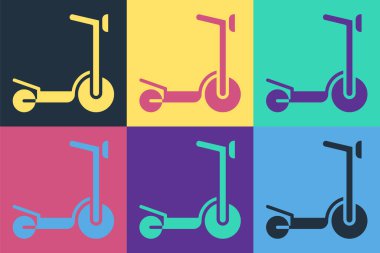 Renkli arka planda izole edilmiş çocuk simgesi için Pop Art Paten Scooter. Motoru tekmele ya da dengeli sür. Vektör.