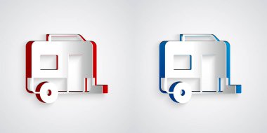 Kağıt kesiği karavan karavan simgesi gri arkaplanda izole edilmiş. Gezici ev, karavan, yolculuk için ev karavanı. Kağıt sanatı tarzı. Vektör.