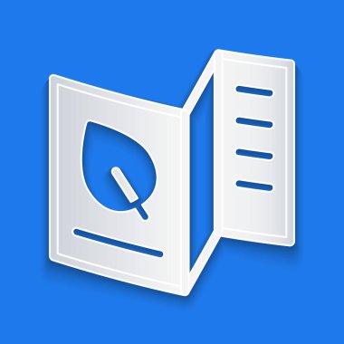 Kağıt kesiği vejetaryen yemek menüsü ikonu mavi arka planda izole edilmiş. Restoran ve kafe için vejetaryen yemek menüsü. Kağıt sanatı tarzı. Vektör.