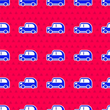 Mavi araba simgesi kırmızı arka planda izole edilmiş. Vektör.