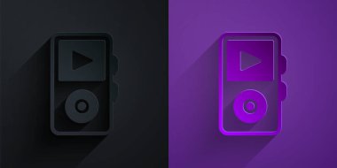 Kağıt kesiği Müzik çalar simgesi mor arkaplanda siyah üzerine izole. Taşınabilir müzik cihazı. Kağıt sanatı tarzı. Vektör.