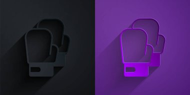 Kağıt kesiği boks eldiveni simgesi mor arka planda siyah üzerine izole edilmiş. Kağıt sanatı tarzı. Vektör.