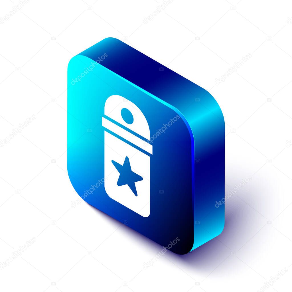 Isometric Chevron icon isolated on white background. Military badge sign. Blue square button. Vector.