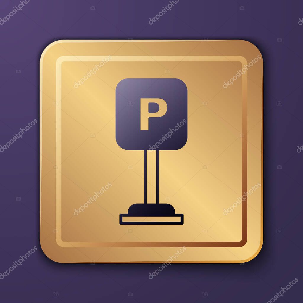 Purple Parking icon isolated on purple background. Street road sign. Gold square button. Vector.