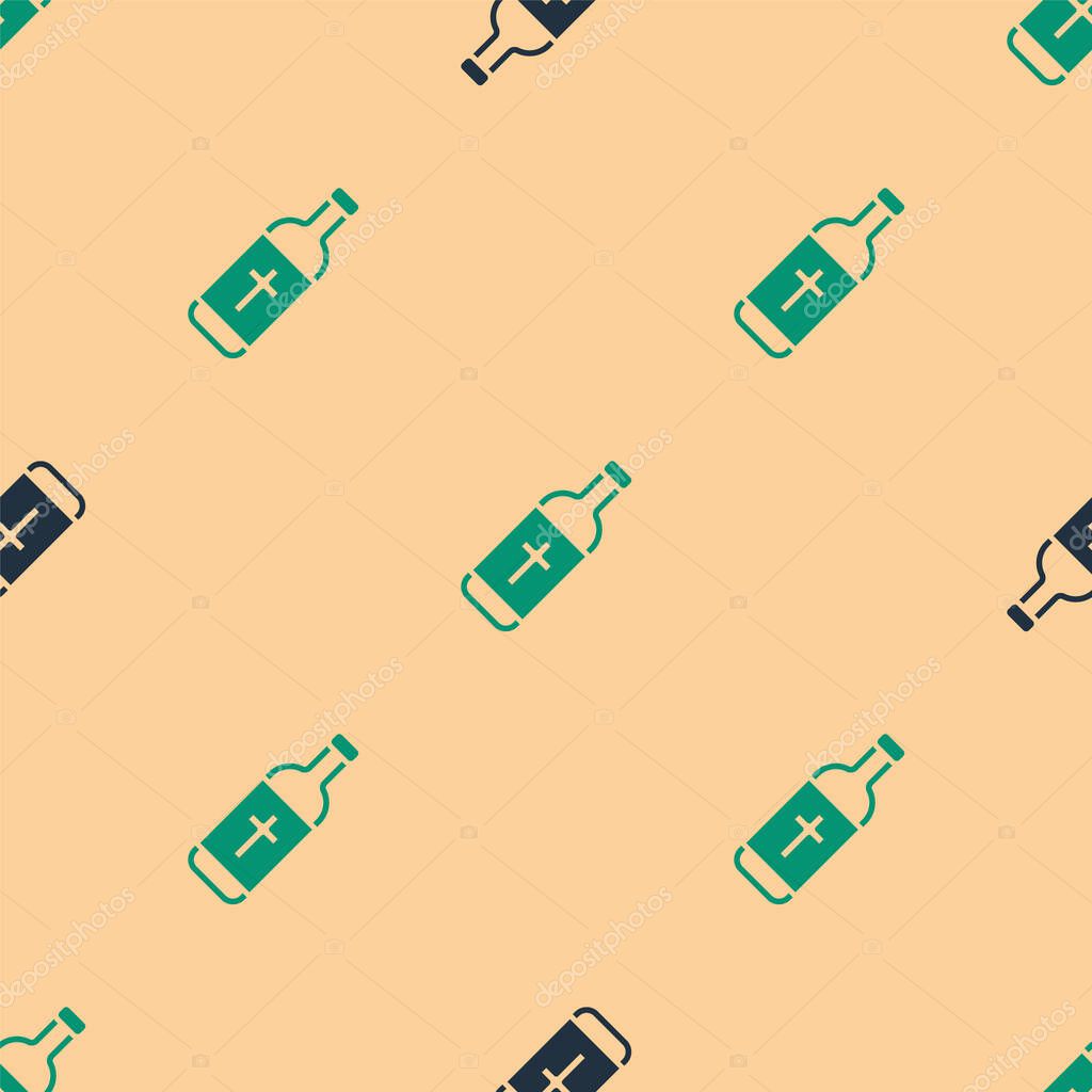 Green and black Holy water bottle icon isolated seamless pattern on beige background. Glass flask with magic liquid.  Vector.