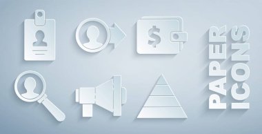 Arama görevlileri için dolar büyüteçle Megaphone Cüzdanı 'nı ayarlayın. Piramit grafikleri, iş tanıtımı ve kimlik kartı simgesi. Vektör.