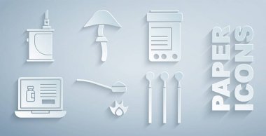 Eroini bir kaşık ilaç şişesine koy ve internetten uyuşturucu alan haplar Psilocybin mantarı ve Elektronik sigara ikonu ile eşleşiyor. Vektör.