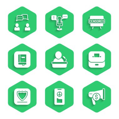 Meclis Başkanı Barış Megafonu ve Dolar Oy Kutusu Kalkanı Yasası Sansürlü Pul ve Konuşma baloncuğu sohbet simgesini ayarla. Vektör.