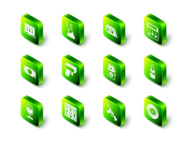 Marihuana, bateri, bira şişesi, vinil disk çalar, hafif makineli tüfek ve ikon içmek için Glass bong ayarlayın. Vektör.