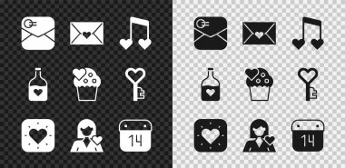 Zarfı Sevgililer Günü Kalpli Ayarla Müzik notası Kalpler Romantik Kız Takvimi 14 Şubat Şişe Aşk İksiri ve Düğün Pastası ikonu. Vektör.