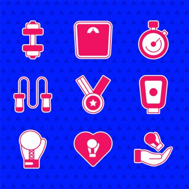 Madalya Boks eldiveni antrenman patilerini ayarla ip atlama Kol saati ve Dumbbell simgesi. Vektör.