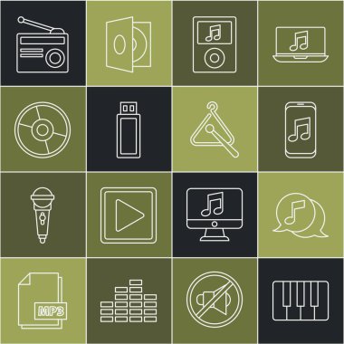 Söz balonu çalar USB flash disk CD 'si ya da DVD disk Radyo' sunda anten ve üçgen müzik enstrümanı simgesi ile müzik sentezleyicisi ayarlayın. Vektör.