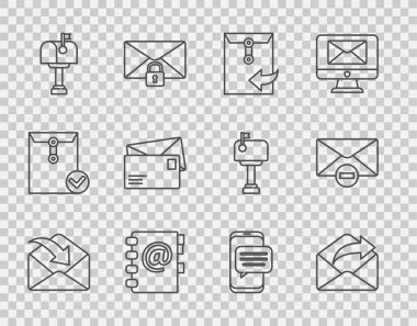 Satır Zarfı Giden Posta Defteri Posta Kutusu Sohbet mesajlarını telefondan belirleyin ve zarf simgesini silin. Vektör.