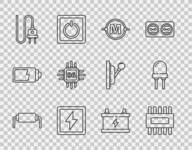 Hat rezistör elektrik işlemcisini mikro devrelerle ayarla. Elektrik şeması, şimşek fitili, araba aküsü ve diyot ikonu. Vektör.