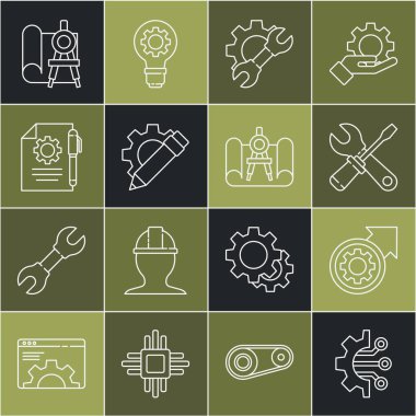 Satır Algoritma Gear ve okları iş akışı süreci olarak ayarla. Tornavida anahtarı anahtarlı anahtarlı anahtarlar, anahtarlık, Kalem Döküman ayarları, kağıt pusula ve simge. Vektör.