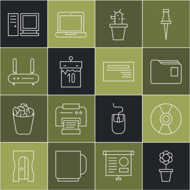 Çiçek satırını pot CD veya DVD disk Belge Kaktüsü ve sulu Takvim Yönlendirici Wi-Fi sinyal Bilgisayar monitörü ve İş Kartı simgesinde ayarla. Vektör.