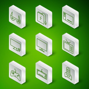 Hat Telefon Klavyesi Akıllı Gözlüklü Bilgisayar monitörü TV Güç Bankası 'nı elektrik kablosu Gamepad ve Retro TV ikonu ile ayarla. Vektör.