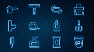 Epilatör, çivi, sabun, diş ipi, klozet, temizlik malzemesi ve plastik temizleme ikonu için temizlik tozu şişesi ayarlayın. Vektör.