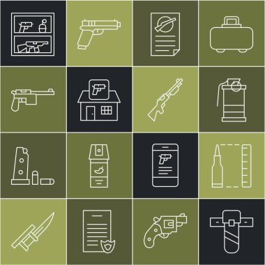 Bıçak kılıfı, kurşun el bombası, ateşli silah ruhsatı av silahı, Mauser tabancası ve ikon. Vektör.