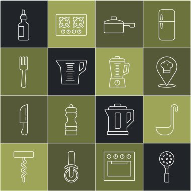 Spatula Mutfak Kepçesi Aşçı şapkasını, tava ölçme kabı çatal, zeytinyağı ve blender ikonuyla aynı hizaya getirin. Vektör.