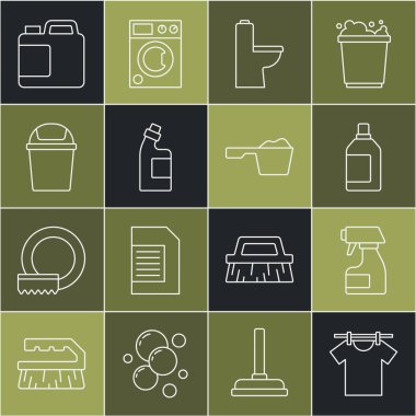 Çamaşır kurutma, sprey sprey şişesi temizleme, klozet temizleme kutusu ve yıkama tozu ikonu. Vektör.