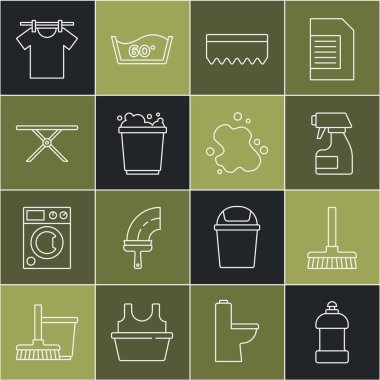 Temizlik elemanı süpürge sapı temizleme sprey sprey şişesi sünger kovası köpük ütü masası kurutma giysileri ve su dökülme ikonu için bir çizgi ayarla. Vektör.