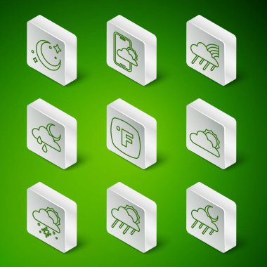 Bulut 'u yağmur ve ay güneşiyle aynı hizaya getirin. Ay yıldızları Fahrenheit hava tahmini karı ve güneş bulutu ikonu. Vektör.