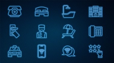 Stars 'ın telefon derecelendirme telefonu Küvet Dijital Kapısı Kilidi Şemsiye ve Otel odası ikonu ile Sunbed. Vektör.